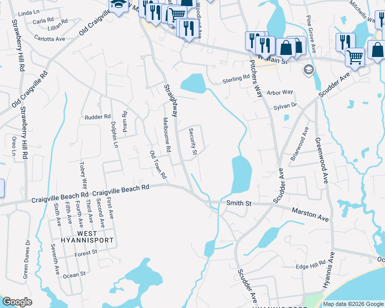 map of restaurants, bars, coffee shops, grocery stores, and more near 6 West Hyannisport Circle in Barnstable