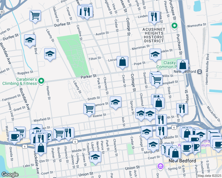 map of restaurants, bars, coffee shops, grocery stores, and more near 195 Smith Street in New Bedford