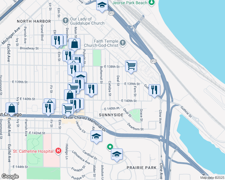 map of restaurants, bars, coffee shops, grocery stores, and more near 3920 Deal Street in East Chicago