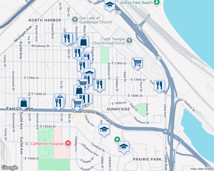 map of restaurants, bars, coffee shops, grocery stores, and more near 3923 Butternut Street in East Chicago