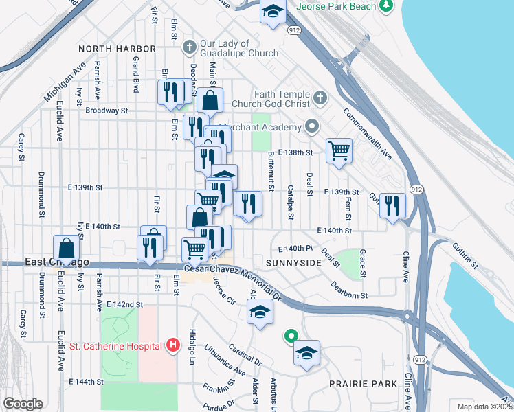 map of restaurants, bars, coffee shops, grocery stores, and more near 3925 Alder Street in East Chicago