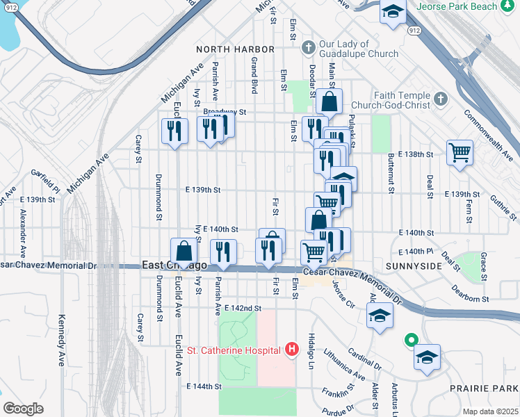 map of restaurants, bars, coffee shops, grocery stores, and more near 3922 Grand Boulevard in East Chicago