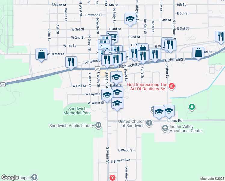 map of restaurants, bars, coffee shops, grocery stores, and more near 504 South Main Street in Sandwich