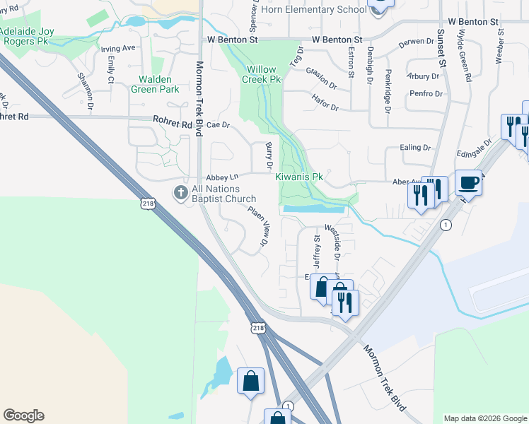 map of restaurants, bars, coffee shops, grocery stores, and more near 2131 Plaen View Drive in Iowa City