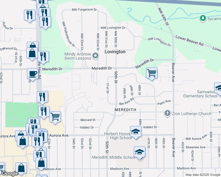 map of restaurants, bars, coffee shops, grocery stores, and more near 4526 50th Street in Des Moines