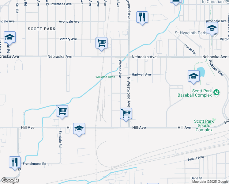 map of restaurants, bars, coffee shops, grocery stores, and more near 230 Burbank Drive in Toledo