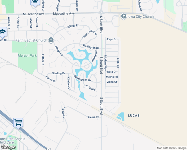 map of restaurants, bars, coffee shops, grocery stores, and more near 3499 Montgomery Pl in Iowa City