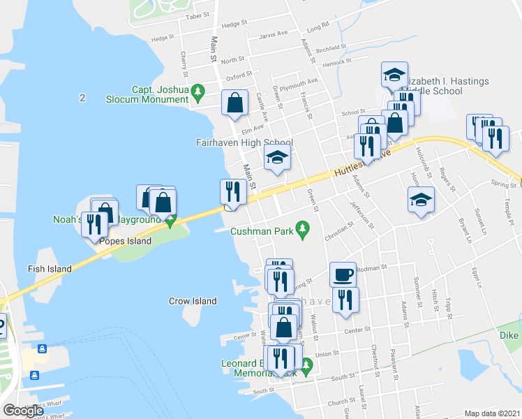 map of restaurants, bars, coffee shops, grocery stores, and more near 122 Main St in Fairhaven