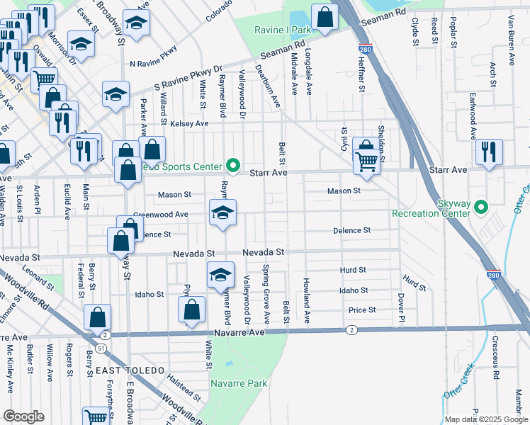 map of restaurants, bars, coffee shops, grocery stores, and more near Spring Grove Avenue in Toledo