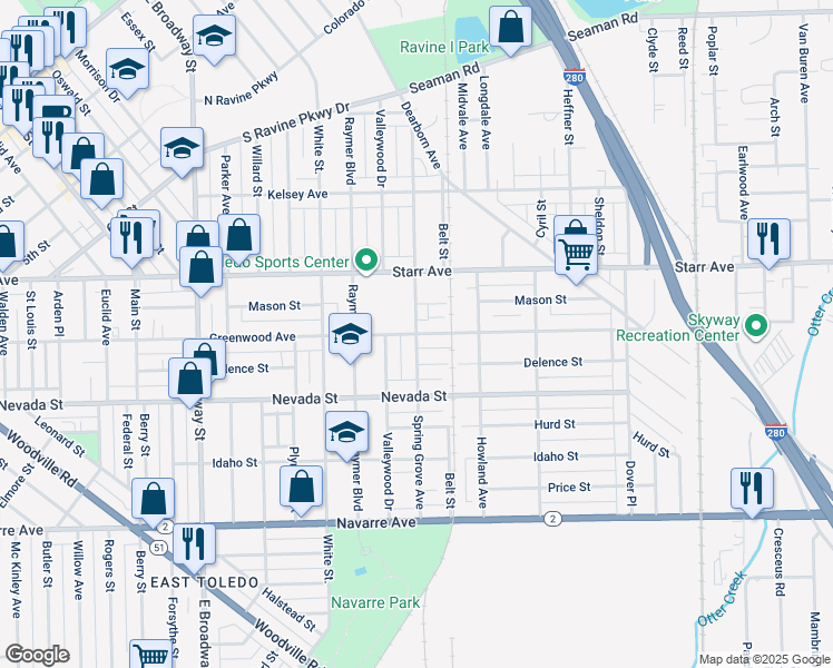 map of restaurants, bars, coffee shops, grocery stores, and more near Spring Grove Avenue in Toledo