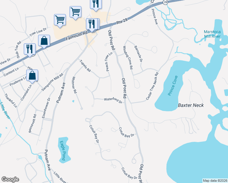 map of restaurants, bars, coffee shops, grocery stores, and more near 68 Waterford Drive in Barnstable