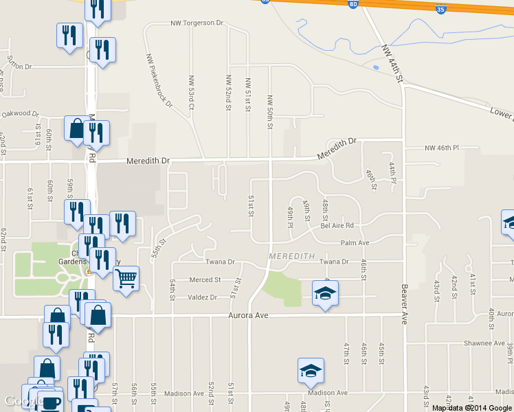 map of restaurants, bars, coffee shops, grocery stores, and more near 4526 50th Street in Des Moines