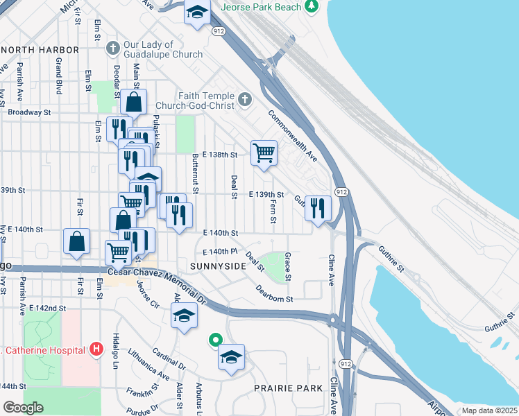 map of restaurants, bars, coffee shops, grocery stores, and more near 3920 Evergreen Street in East Chicago