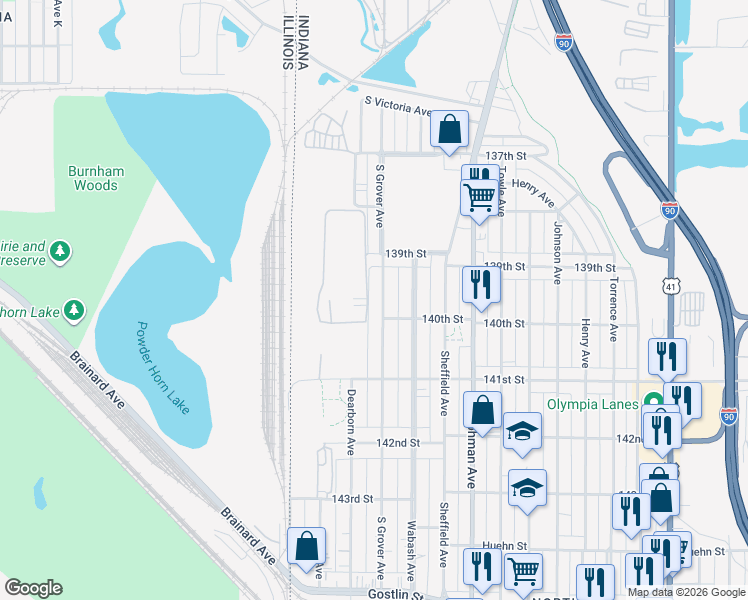 map of restaurants, bars, coffee shops, grocery stores, and more near 3954 South Grover Avenue in Hammond
