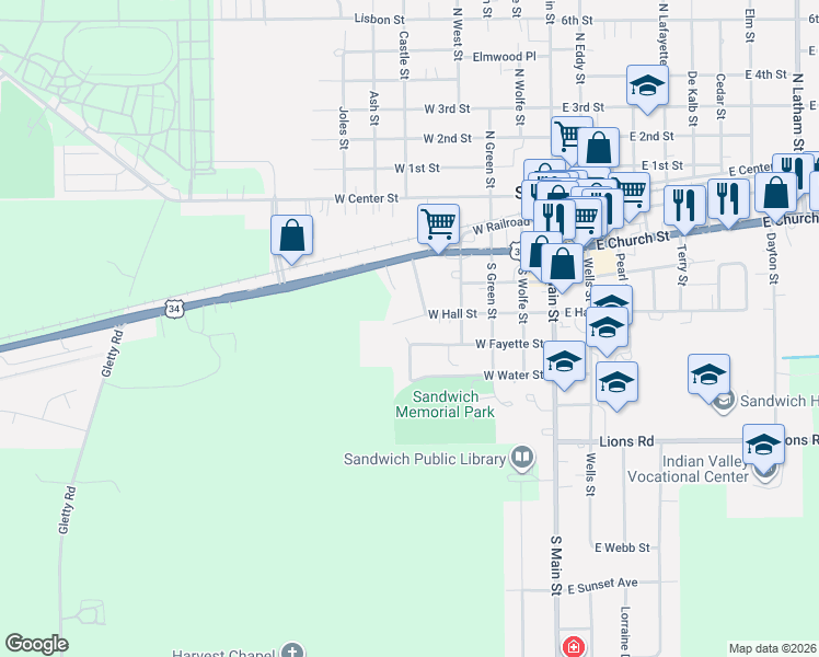 map of restaurants, bars, coffee shops, grocery stores, and more near 325 West Fayette Street in Sandwich