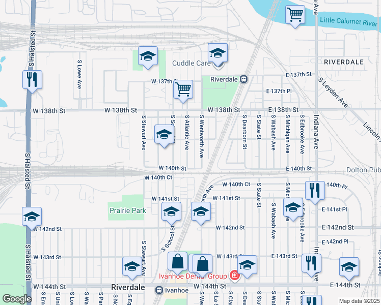 map of restaurants, bars, coffee shops, grocery stores, and more near 13921 South Atlantic Avenue in Riverdale