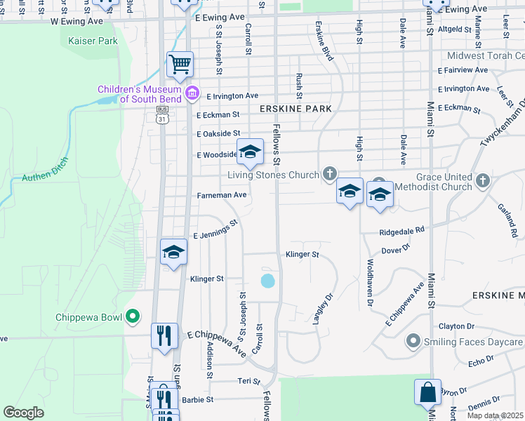 map of restaurants, bars, coffee shops, grocery stores, and more near 312 Donmoyer Avenue in South Bend