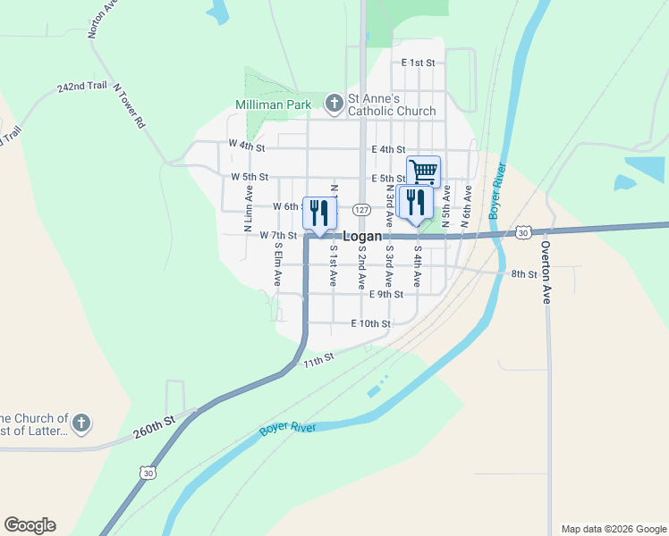 map of restaurants, bars, coffee shops, grocery stores, and more near 211 South 1st Avenue in Logan