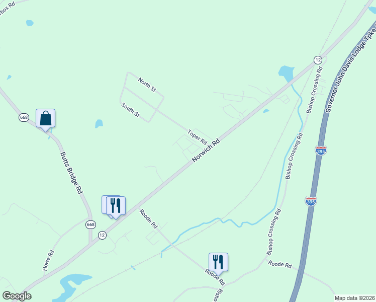 map of restaurants, bars, coffee shops, grocery stores, and more near 1293 Norwich Road in Plainfield