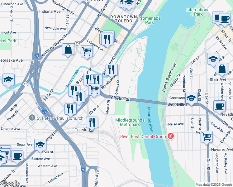 map of restaurants, bars, coffee shops, grocery stores, and more near 200 Ottawa Street in Toledo