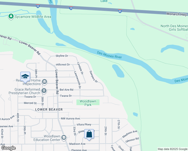 map of restaurants, bars, coffee shops, grocery stores, and more near 4808 Sawyers Drive in Des Moines