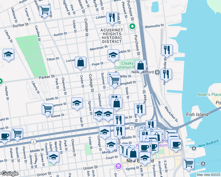 map of restaurants, bars, coffee shops, grocery stores, and more near 629 County Street in New Bedford