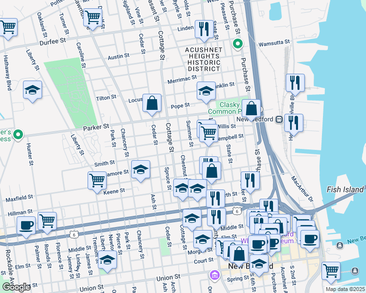 map of restaurants, bars, coffee shops, grocery stores, and more near 106 Chestnut Street in New Bedford