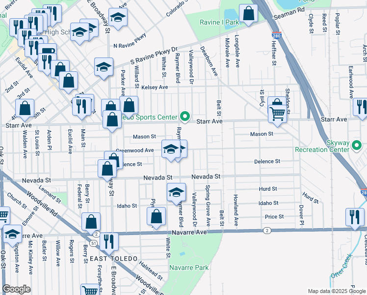 map of restaurants, bars, coffee shops, grocery stores, and more near 513 Raymer Boulevard in Toledo