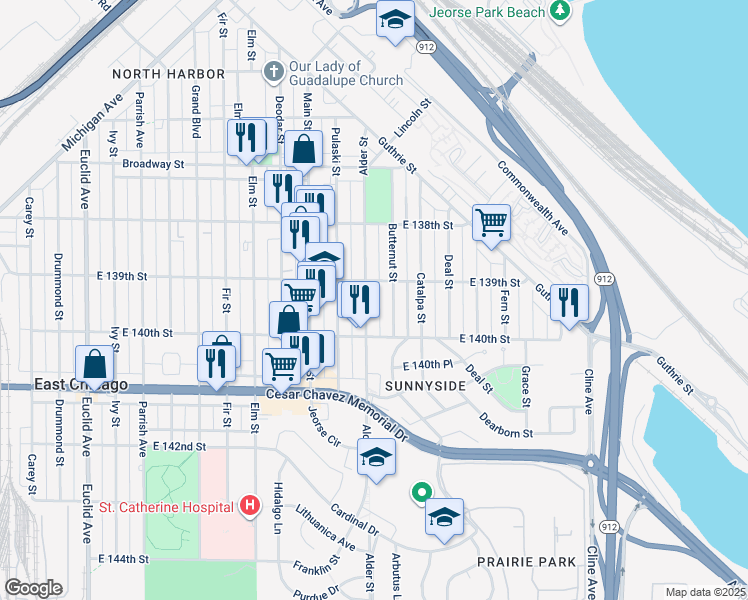 map of restaurants, bars, coffee shops, grocery stores, and more near 3925 Alder Street in East Chicago
