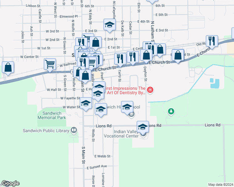 map of restaurants, bars, coffee shops, grocery stores, and more near 216 East Hall Street in Sandwich
