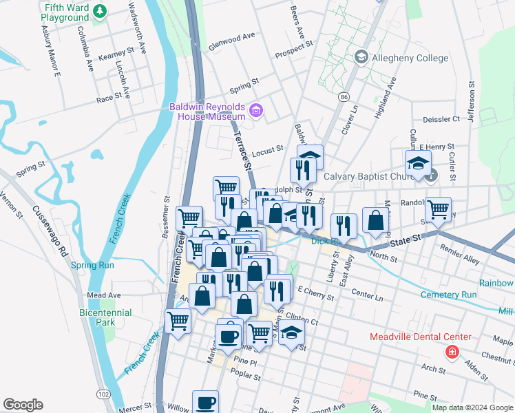 map of restaurants, bars, coffee shops, grocery stores, and more near 785 Market Street in Meadville