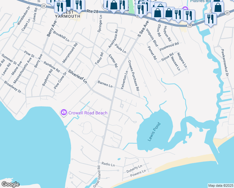 map of restaurants, bars, coffee shops, grocery stores, and more near 168 South Sea Avenue in Yarmouth