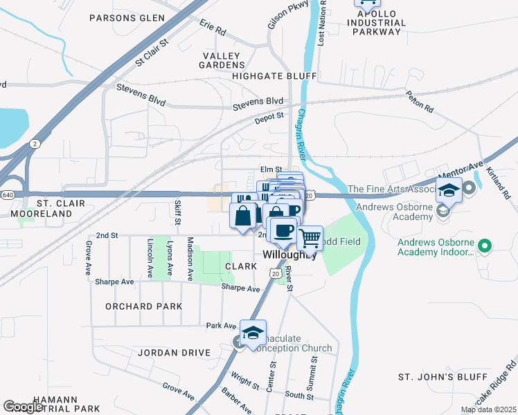 map of restaurants, bars, coffee shops, grocery stores, and more near 38040 3rd Street in Willoughby