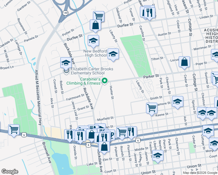 map of restaurants, bars, coffee shops, grocery stores, and more near 157 Hunter Street in New Bedford