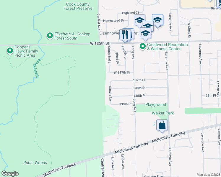map of restaurants, bars, coffee shops, grocery stores, and more near 13812 Sandra Lane in Crestwood