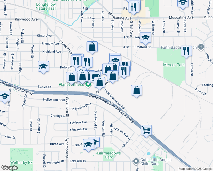 map of restaurants, bars, coffee shops, grocery stores, and more near 1921 Lower Muscatine Road in Iowa City