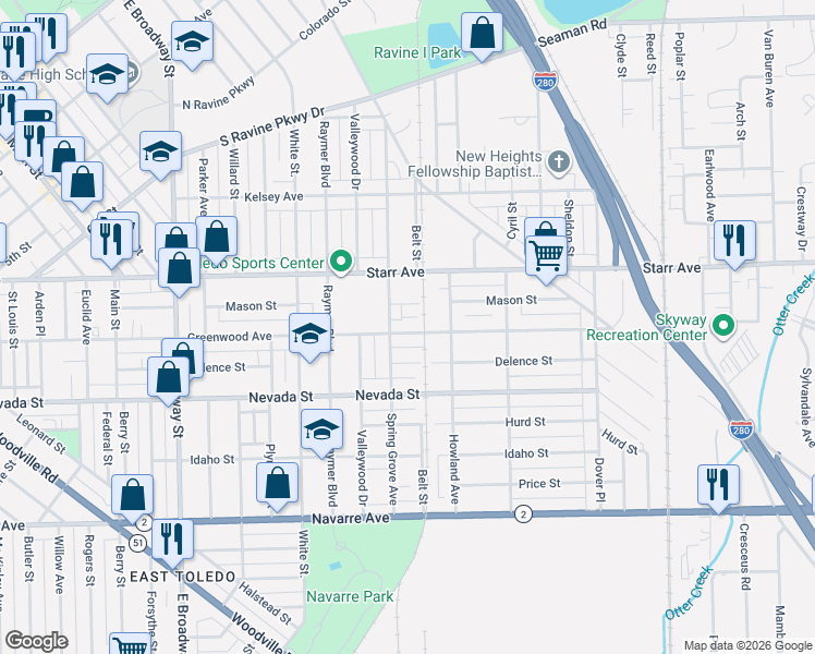 map of restaurants, bars, coffee shops, grocery stores, and more near 1722 Greenwood Avenue in Toledo