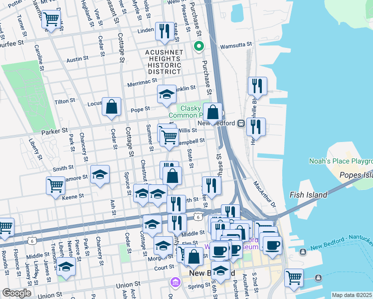map of restaurants, bars, coffee shops, grocery stores, and more near 91 Walden Street in New Bedford