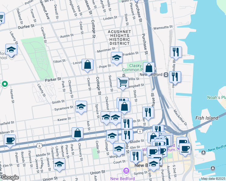 map of restaurants, bars, coffee shops, grocery stores, and more near 629 County Street in New Bedford