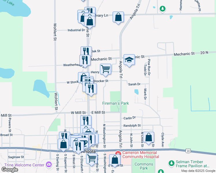map of restaurants, bars, coffee shops, grocery stores, and more near 613 Williams Street in Angola