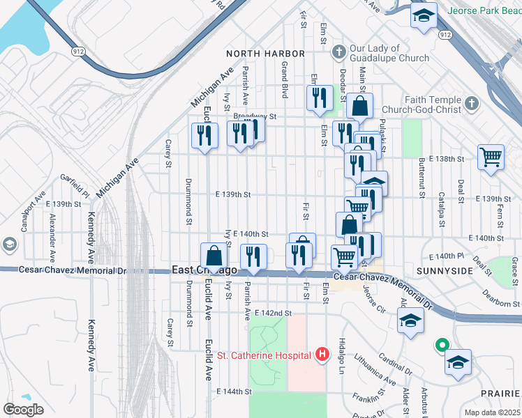 map of restaurants, bars, coffee shops, grocery stores, and more near 3926 Hemlock Street in East Chicago