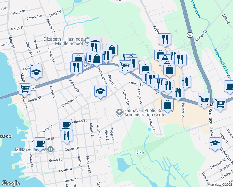 map of restaurants, bars, coffee shops, grocery stores, and more near 131 Spring Street in Fairhaven