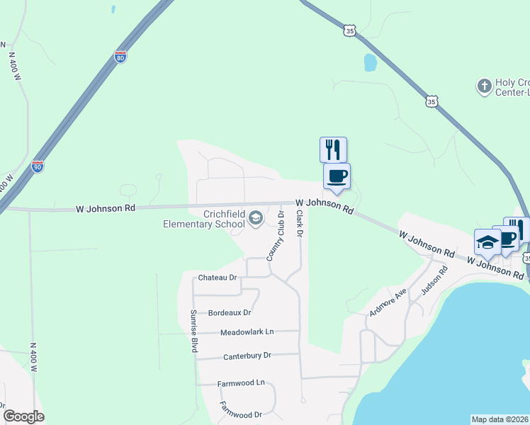 map of restaurants, bars, coffee shops, grocery stores, and more near 196 Country Club Drive in La Porte