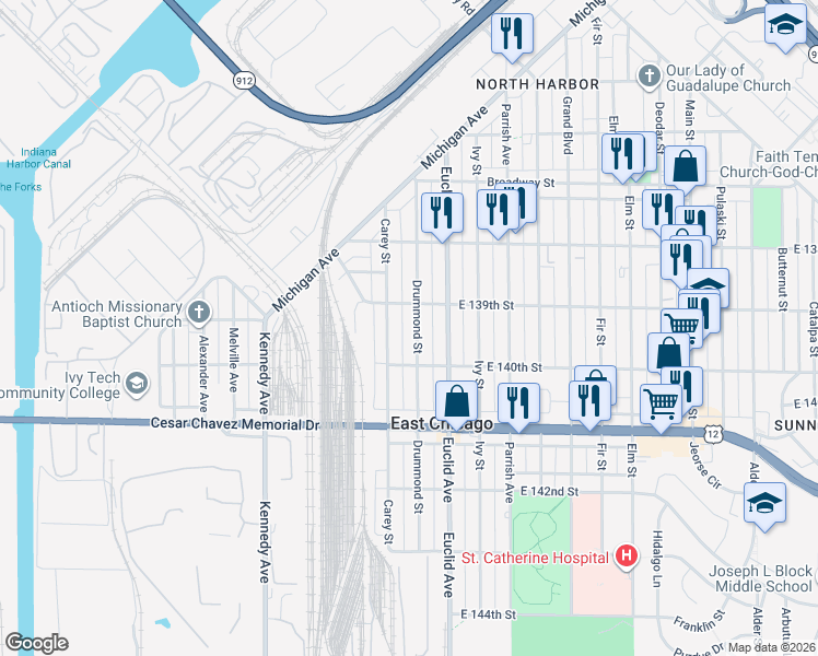 map of restaurants, bars, coffee shops, grocery stores, and more near 3928 Drummond Street in East Chicago