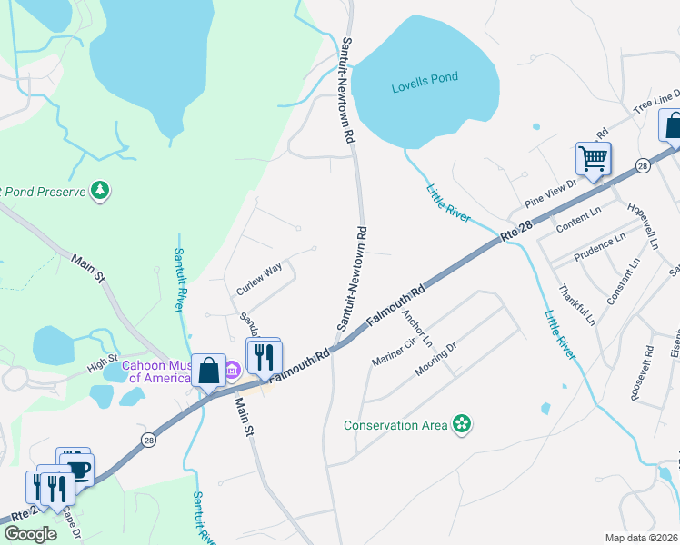 map of restaurants, bars, coffee shops, grocery stores, and more near 1585 Santuit-Newtown Road in Barnstable