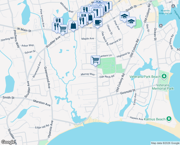 map of restaurants, bars, coffee shops, grocery stores, and more near 40 Murray Way in Barnstable