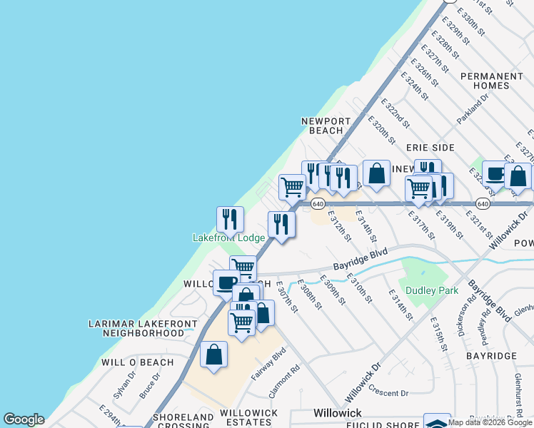 map of restaurants, bars, coffee shops, grocery stores, and more near 30707 Lake Shore Boulevard in Willowick