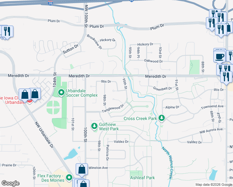 map of restaurants, bars, coffee shops, grocery stores, and more near 4421 96th Court in Urbandale
