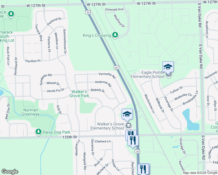 map of restaurants, bars, coffee shops, grocery stores, and more near 24930 Blakely Drive in Plainfield