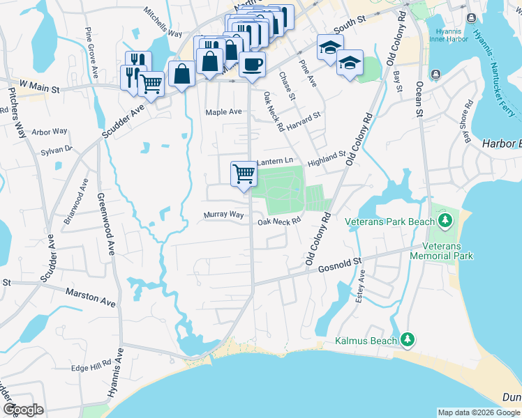 map of restaurants, bars, coffee shops, grocery stores, and more near 323 Oak Neck Road in Barnstable